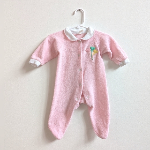 Vintage Other - Vtg Terry Cloth Sleeper 0-3m Pink Balloons Collared 90s